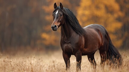 Majestic brown horse standing proudly in a sunlit field surrounded by autumn trees