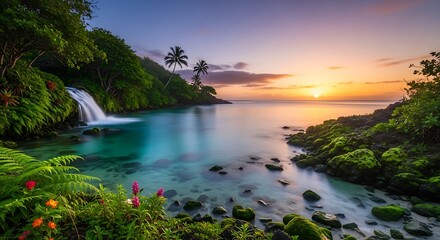Tropical waterfall meets ocean sunset