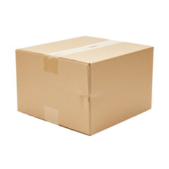 A new light brown corrugated cardboard shipping box with fine texture and a subtle crushed corner, pristine surfaces, shown in a precise 3/4 view against a seamless transparent studio background with