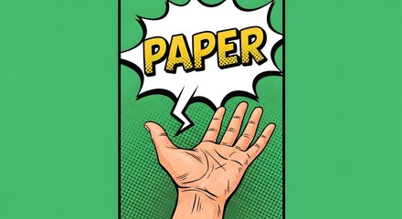 A stylized comic book illustration of an open hand reaching upwards towards the word paper in a speech bubble, against a vibrant green background