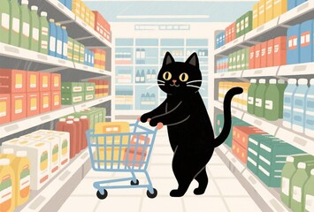 スーパーで買い物する猫