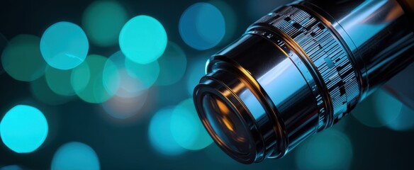The Lens Closeup With Teal Bokeh Lights And Metallic Focus Ring Reflection