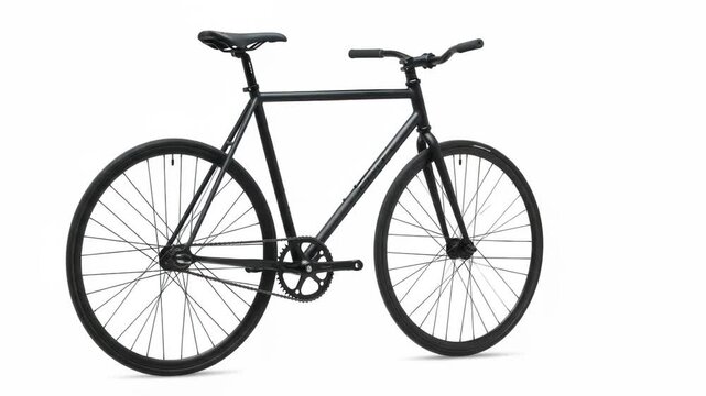 A minimalist, matte black bicycle set against a clean white backdrop. The bike features sleek lines, thin tires, and a classic frame design