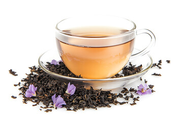 Savor the rich amber hue of freshly brewed black tea, elegantly presented in a clear glass cup with delicate purple blossoms scattered amongst loose leaves.