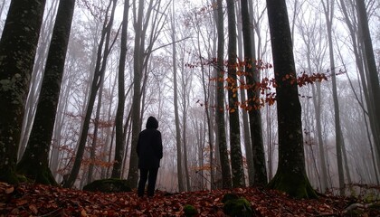 A solitary figure stands amidst a misty autumn forest, observing the towering trees and the falling leaves.