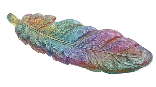 A resin bookmark in the shape of a feather, with intricate details and a translucent, iridescent finish, providing an elegant marker for books and journals, isolated on a Transparent Background