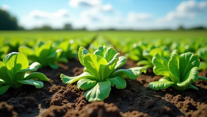 Freshly grown, vibrant lettuce plants in neat rows, bathed in sunlight, display a healthy, hopeful agricultural scene.