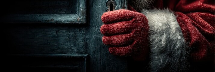 Santa Claus prepares to enter a home on Christmas Eve, holding a door with gloved hands at night