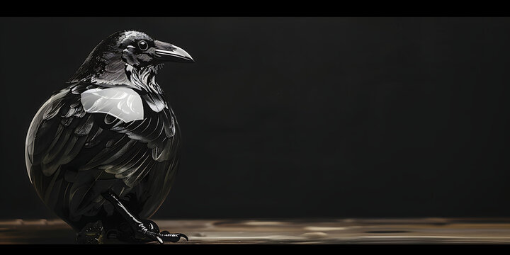 Mysterious raven with glossy black feathers perched against a dark, moody background.