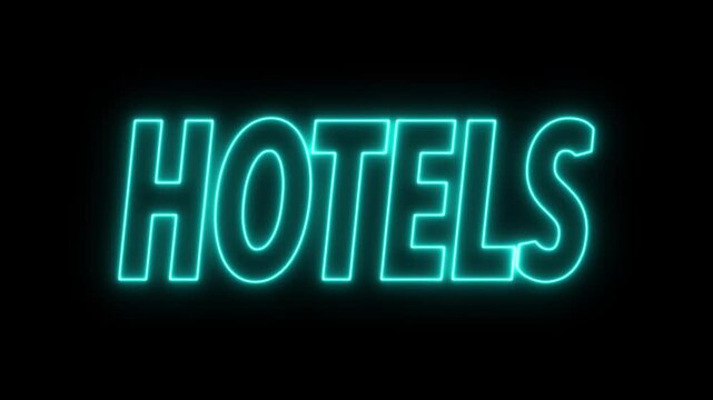 Animated glowing flickering neon inscription hotels. neon hotels text animation