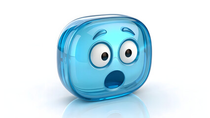 3D blue glass shocked emoji face icon isolated on white background with surprised expression and cartoon style