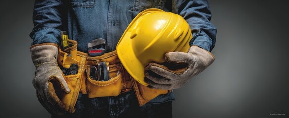 The Construction Worker Holding a Yellow Hardhat and Toolbelt in Workshop Lighting