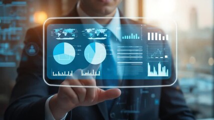 Businessman interacting with futuristic data interface, analyzing financial charts and data - Powered by Adobe