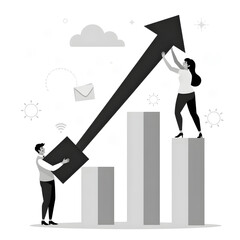 The Ascent: Illustrated depiction of two figures collaborating to propel an upward-trending arrow, symbolizing growth and progress in a corporate context.