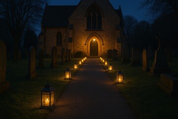 Fototapeta premium Cemetery Path Lit By Lanterns At Night. Church Entrance Glows In Background