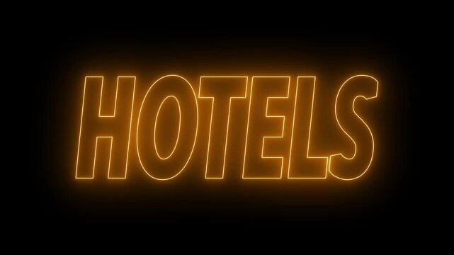 Animated glowing flickering neon inscription hotels. neon hotels text animation