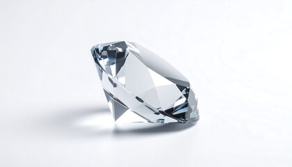 A flawless,faceted diamond, clear and bright,  rests on a white background