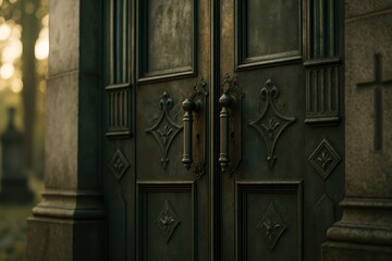 Ornate Cemetery Door In Warm Light. Bronze Handles With Decorative Details