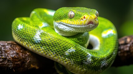 Obraz premium Vibrant green emerald tree boa coiled on a branch