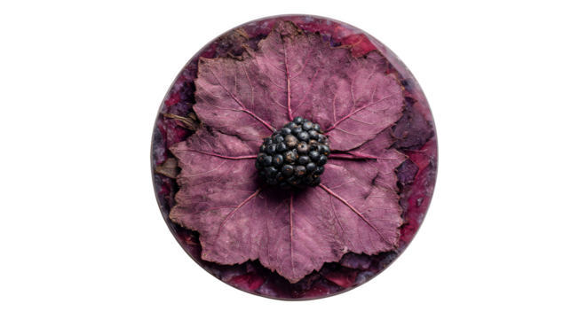 A resin coaster with a layered design of dried grape leaves and a central dried blackberry, creating a deep, rich, and natural aesthetic for beverages, isolated on a Transparent Background