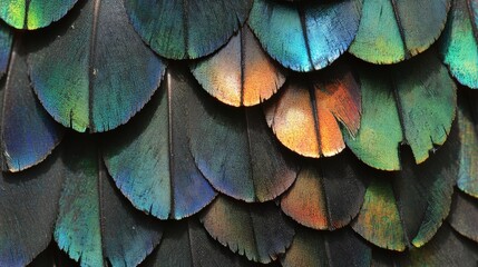 Textured close up of vibrant iridescent green blue and copper bird feathers