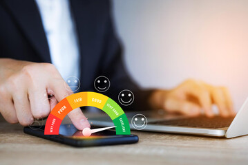 Customer using smartphone with face icons and info graphic percentage to evaluate product after use...