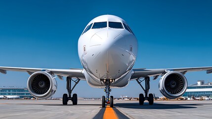 Naklejka premium Airplane Nose And Engines, Standing Still On Runway Under Bright Sunlight, Cockpit Windows Crystal Clear, Minimalistic Background With Clean Blue Sky, Perfect For Adver