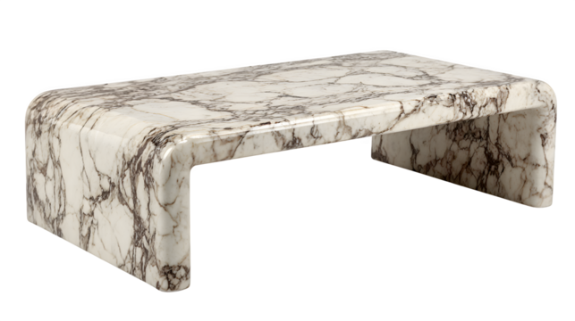A resin coffee table with a faux marble finish, expertly mimicking the elegant veins of Carrara marble in a lightweight and durable form, adding classic luxury, isolated on a Transparent Background