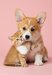 Obraz premium Adorable Corgi puppy and a fluffy ginger kitten share a tender hug, capturing a heartwarming interspecies friendship on a soft pink background