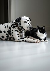 A Dalmatian Dog and Tuxedo Cat Cuddling on a Wooden Floor Indoors