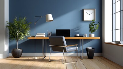 Modern Minimalist Home Office Workspace Featuring Dark Blue Wall and Natural Wood Elements