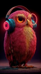 Colorful owl wearing headphones and glasses listening to music in a dark environment