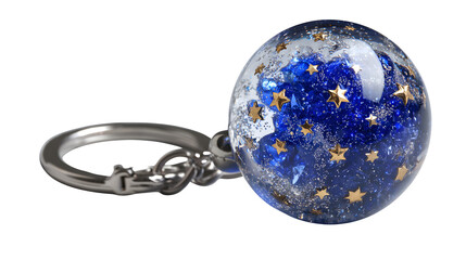 A resin "constellation" sphere keychain, with tiny embedded stars and a deep blue background, representing a miniature night sky, isolated on a Transparent Background