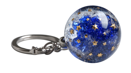 A resin "constellation" sphere keychain, with tiny embedded stars and a deep blue background, representing a miniature night sky, isolated on a Transparent Background