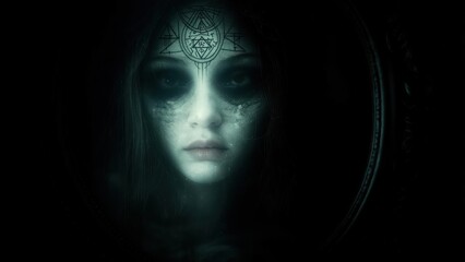 Ethereal Portrait: Haunted Woman with Occult Symbol in Dark Mirror Frame