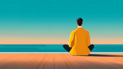 Man Meditating by the Ocean at Sunset Wearing Yellow Jacket with a Peaceful Expression and Horizon