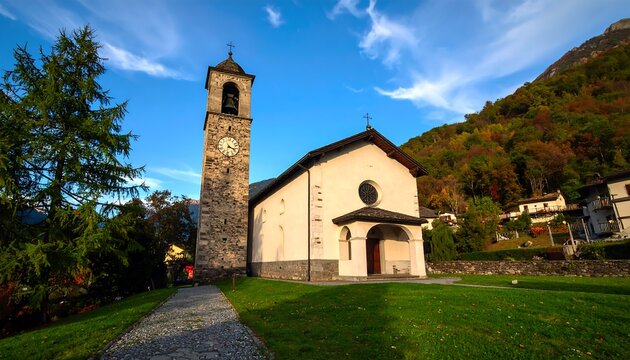 A picturesque village church with a tall stone bell tower stands amidst a landscape of autumnal foliage and rolling hills. - Powered by Adobe