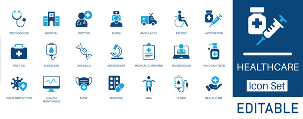 Healthcare and Medical icon set. Includes symbols for Doctor, Hospital, Vaccination, and Telemedicine. Solid glyph vector icons for clinic, pharmacy, and health awareness projects.