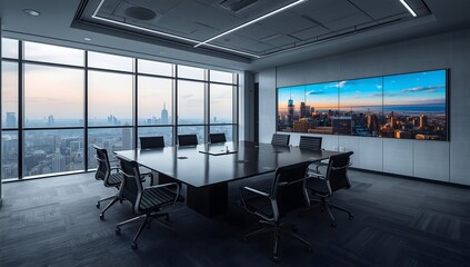 A conference room with a large table and chairs overlooking a city skyline at dusk and a video wall