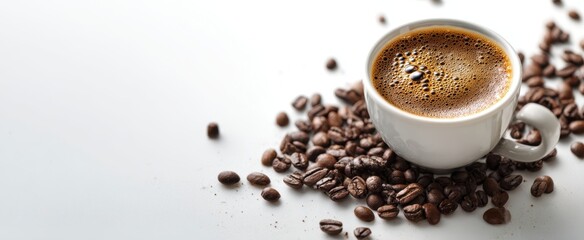 The coffee cup surrounded by roasted coffee beans on a white background