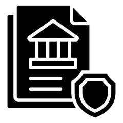 Legal Protection Glyph Black Silhouette Icon Design Vector - Document with courthouse icon and shield, representing legal protection, security, and official safeguarding