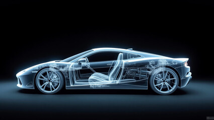 スポーツカーのレントゲン写真、モノクロ