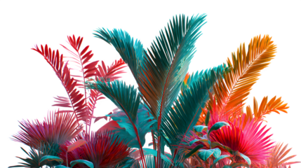 Vibrant, abstract tropical foliage in a spectrum of bold, surreal colors against a clean white background.