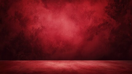 Empty room interior with textured red wall and matching red floor creating a dramatic moody background suitable for product display or stage presentation