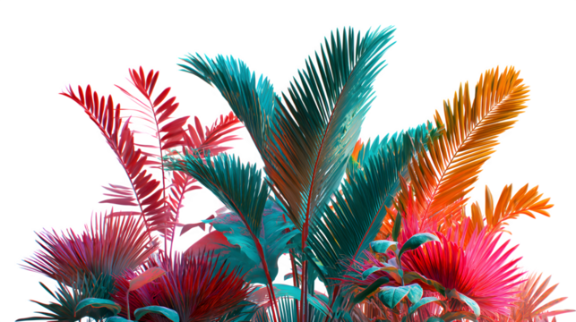 Vibrant, abstract tropical foliage in a spectrum of bold, surreal colors against a clean white background.