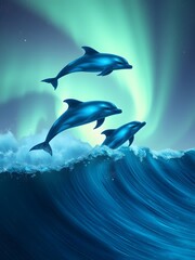 Three dolphins leaping over ocean wave against aurora borealis northern lights