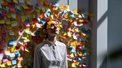Woman in white shirt standing against wall covered with colorful sticky notes, with papers also stuck on her face, symbolizing stress and overwhelming workload