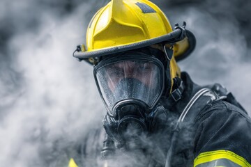 Obraz premium Firefighter wearing protective mask and yellow helmet surrounded by thick smoke while performing rescue or emergency response operation