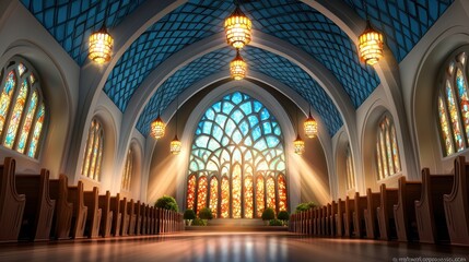 Obraz premium Sunlit Church Interior with Stained Glass Window and Wooden Pews