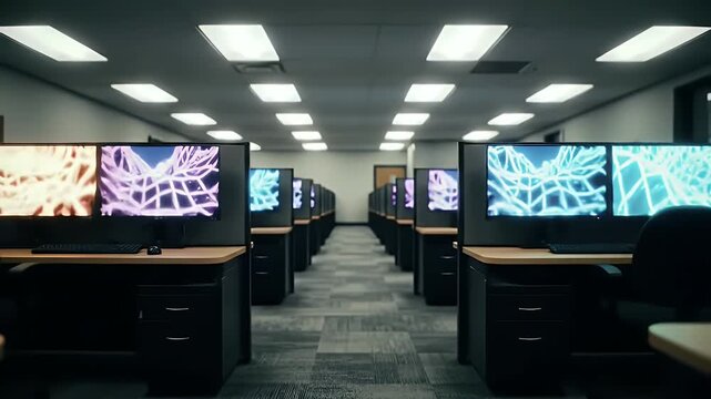 Rows Of Empty Office Cubicles with Blue And Purple Geometric Design On Monitors Inside